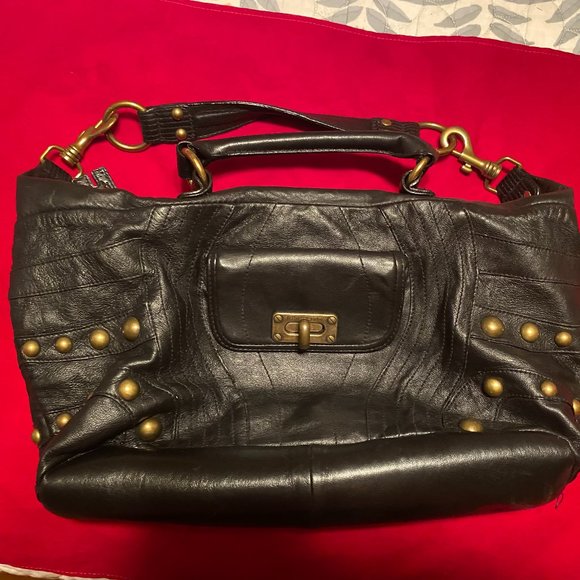 BETSY JOHNSON Large Soft Black Leather Satchel Purse/...